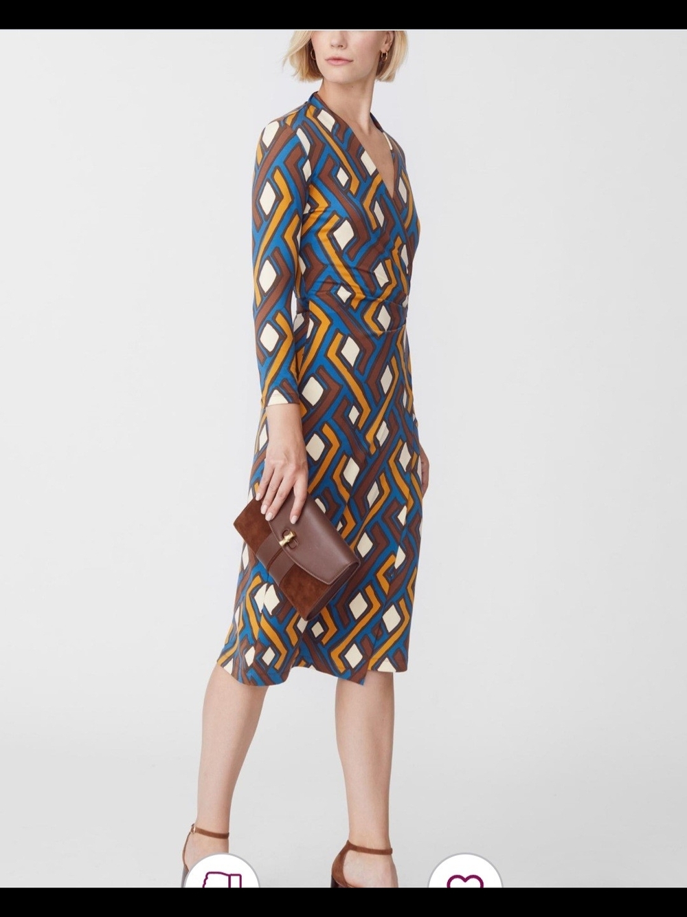Geometric Print V-Neck Midi Dress in Blue and Brown